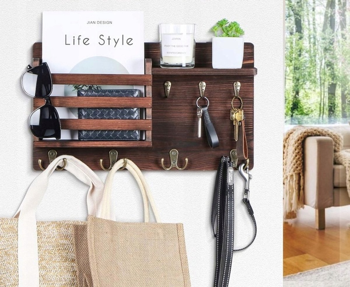 Wandrek met Haken en Plank voor Sleutels en Post - Hout