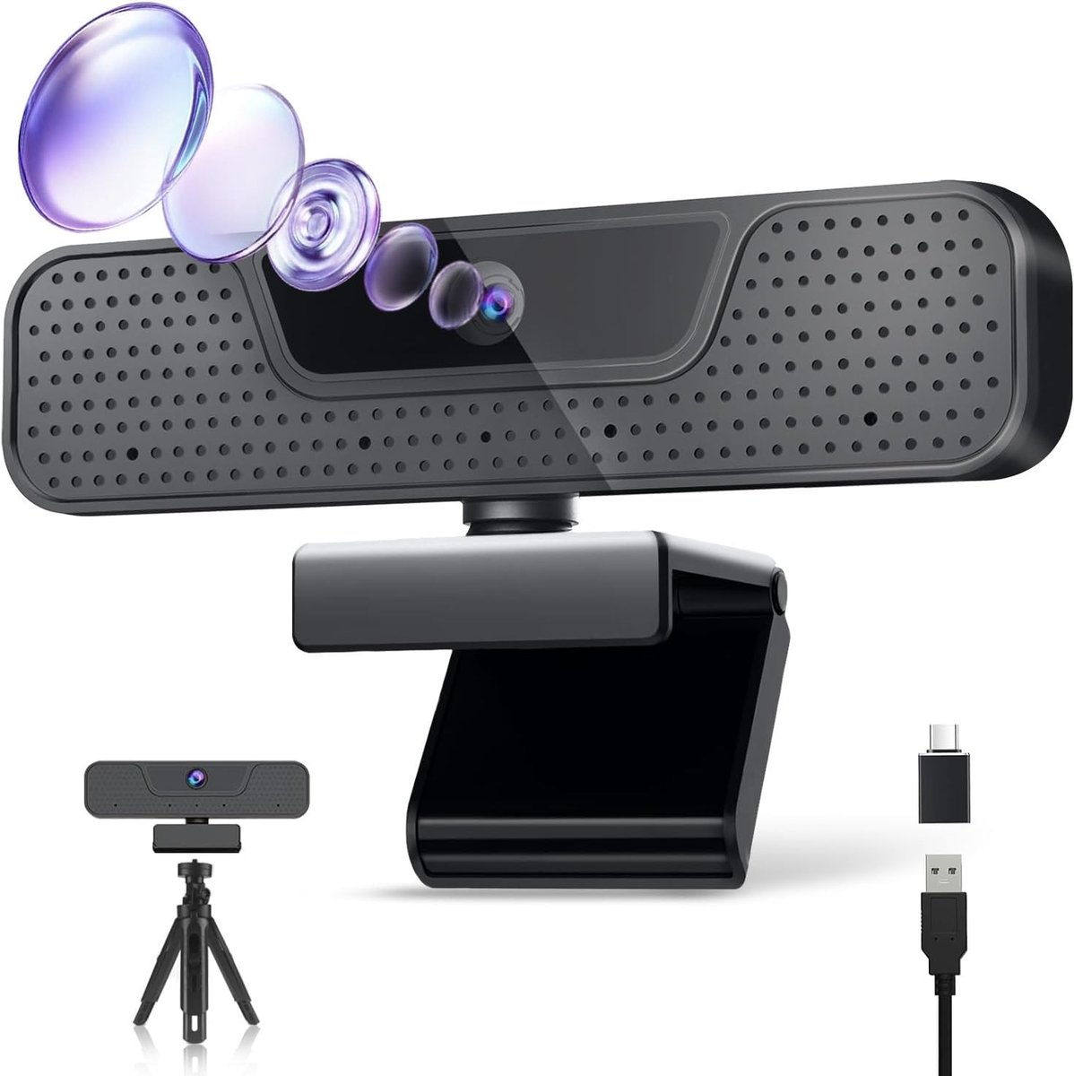 SnelShoppen - 4K Webcam met Autofocus, AI Geluidsonderdrukking Microfoons, UHD Resolutie, Automatische Lichtcorrectie, 85°FOV, USB-C Plug & Play met S