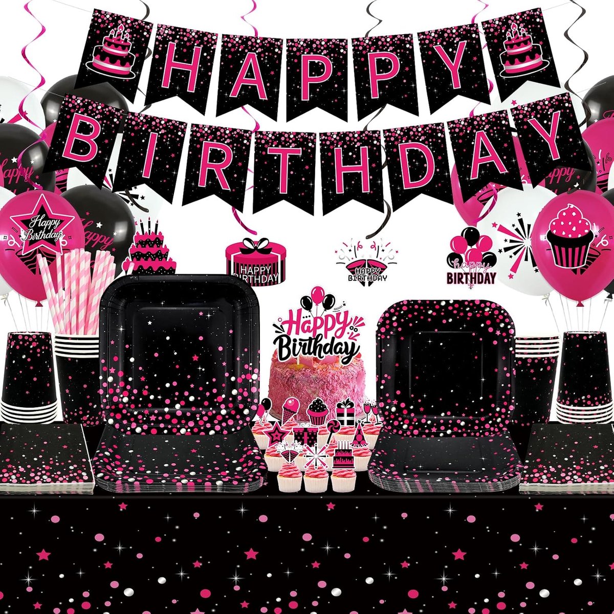 Verjaardagspartypakket - Roze en zwart - Decoraties voor 20 personen - Perfect voor feestelijke gelegenheden - ShopVlot