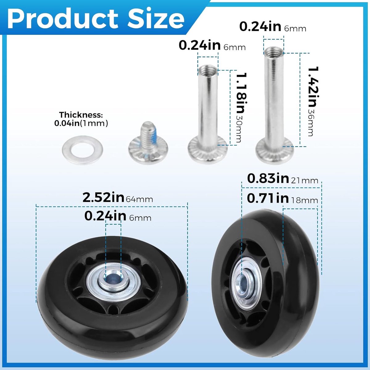 Vervangwielen voor koffer 64x18mm - rubber en staal - eenvoudig te installeren - hoge draagcapaciteit - ShopVlot