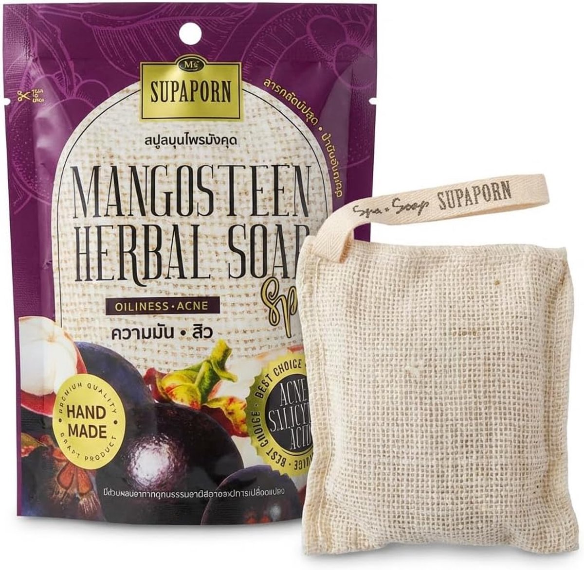 Kruidenzeep met peelingzak 70 g - Mangosteen extract - Natuurlijke spa lichaamsreiniging - Verzorgt de huid - ShopVlot