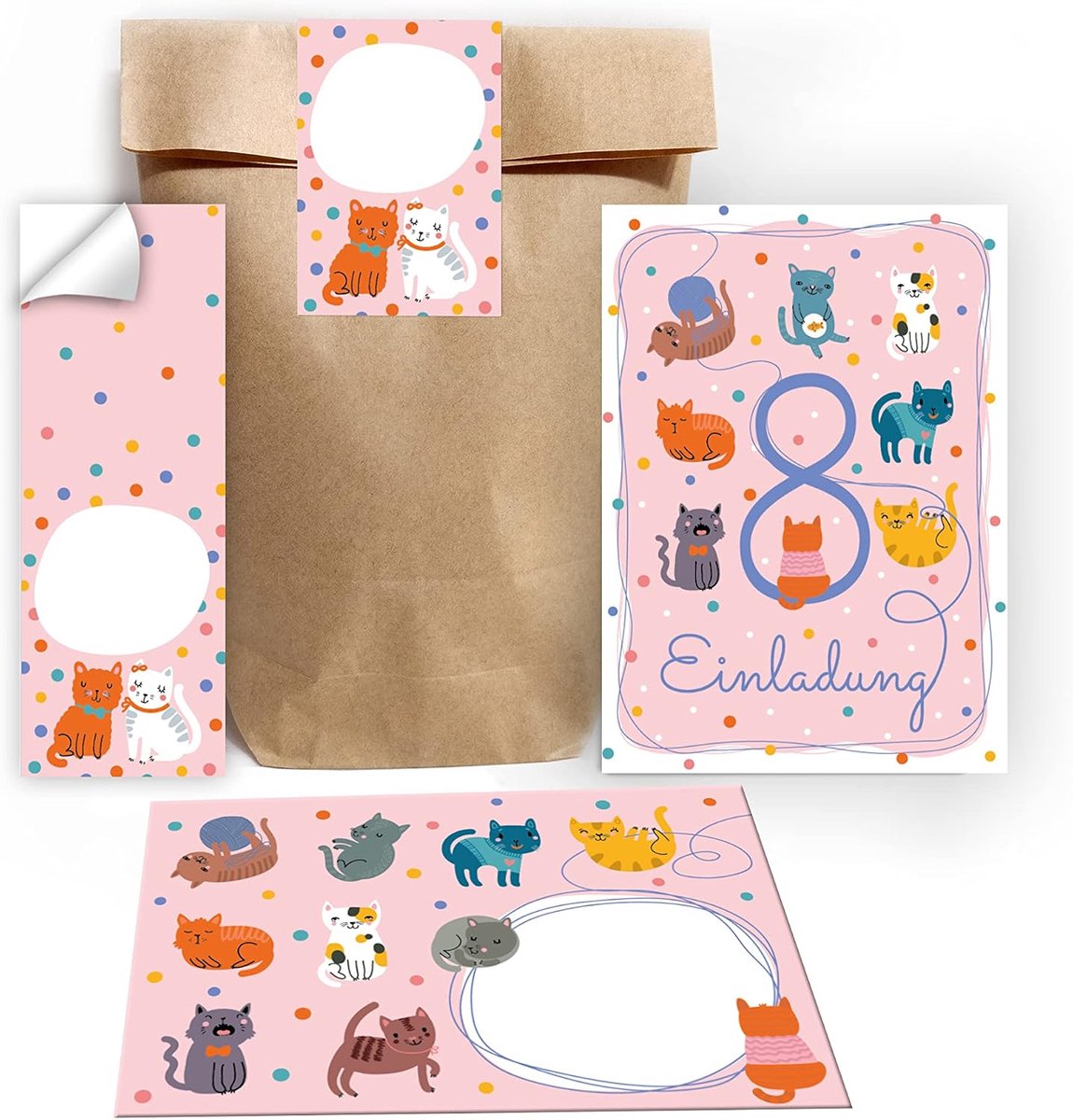 Uitnodigingskaarten 8e verjaardag - 12 kaarten met enveloppen - Katten thema - Inclusief stickers - SnelShoppen