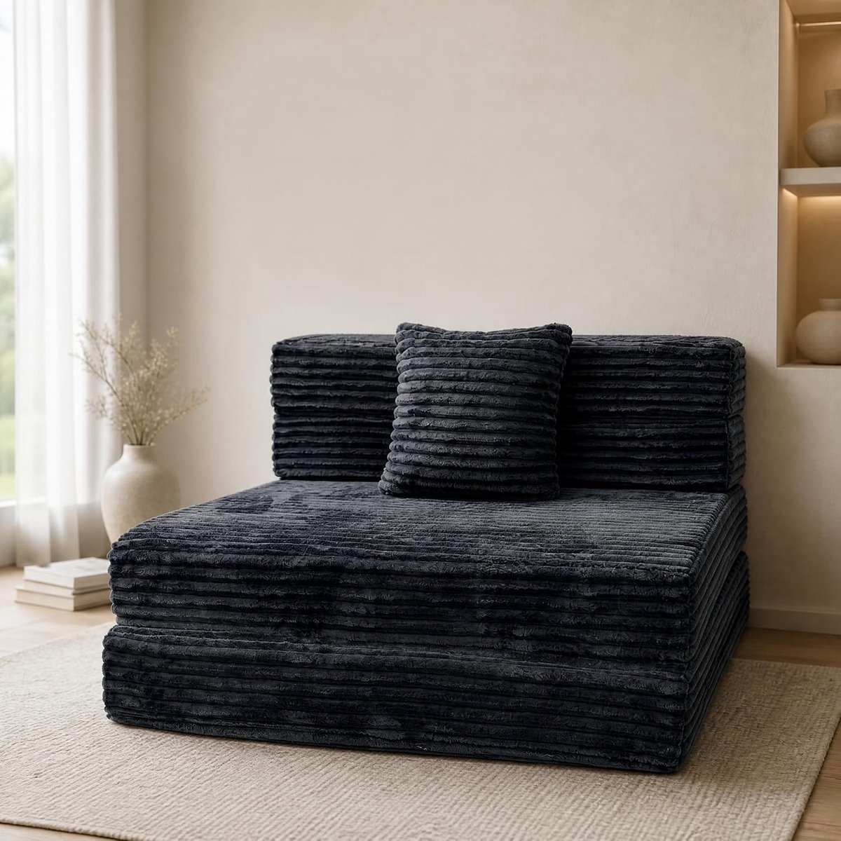 ANONER Opvouwbare slaapbank met kussens, gestreepte stof en matras met rugleuning, draagbaar bed voor woonkamer - ShopVlot