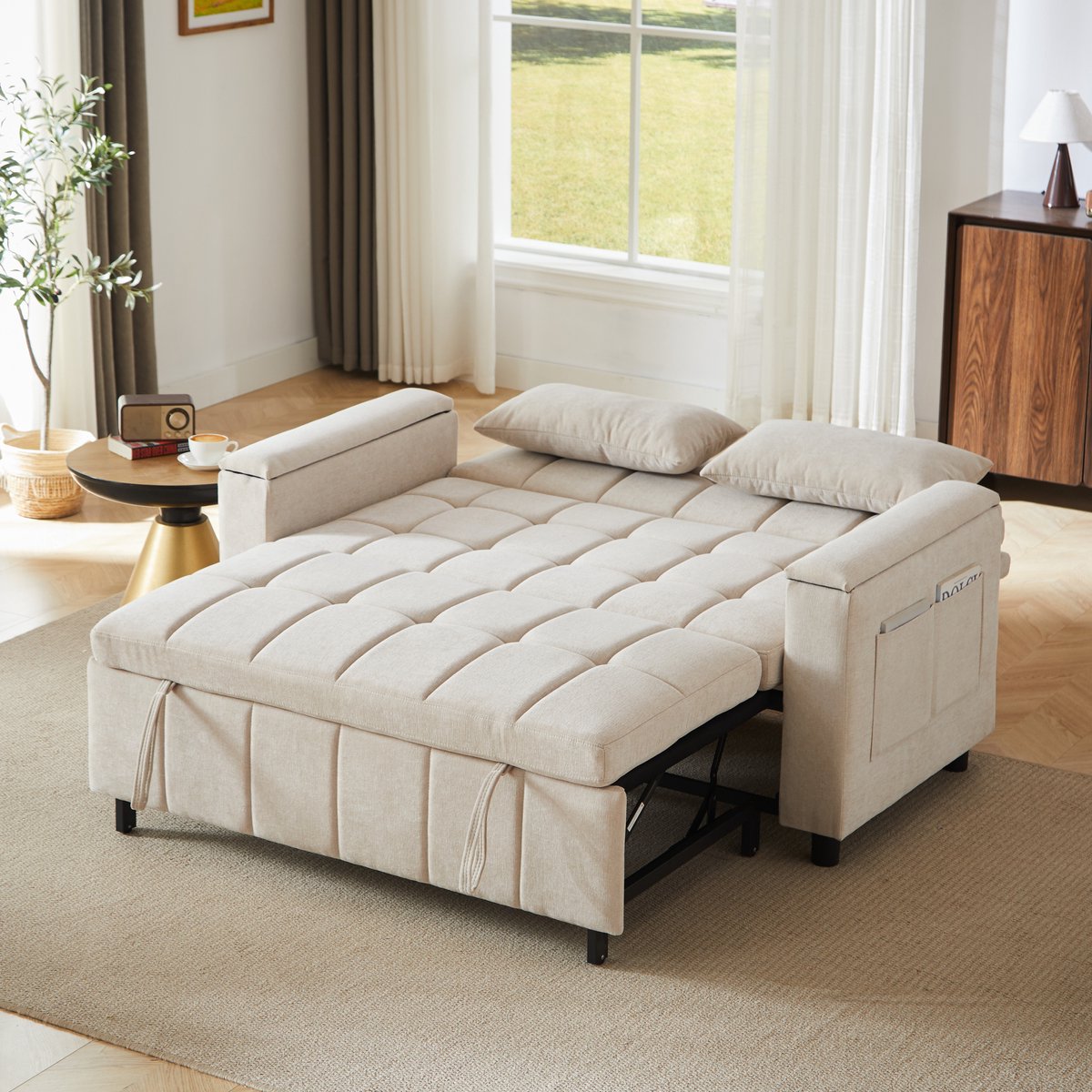 Slaapbank 2-Zits 3-In-1 Met Uitschuifbaar Bed En Opbergruimte In Armleuningen, Voor Woonkamer En Logeerkamer, Chenille Beige