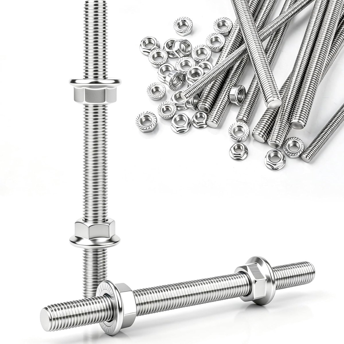 10 stuks schroefdraadstang M6 roestvrij staal A2 V2A, schroefdraadstang M6 x 200 mm, metalen staven om te knutselen, schroefdraadpennen met 20 stuks zeskantmoeren