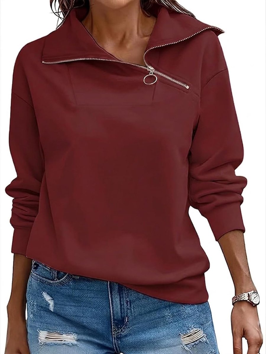 Pullover Dames Sweatshirt Herfst Kwart Ritssluiting Lange Mouwen Staande Kraag Pullover Losse Effen Casual Tops Dames | herfst, winter, lente, opstaande kraag, V-hals, casual, elegant, ritssluiting, pure kleur, basic, mode, klassiekers
