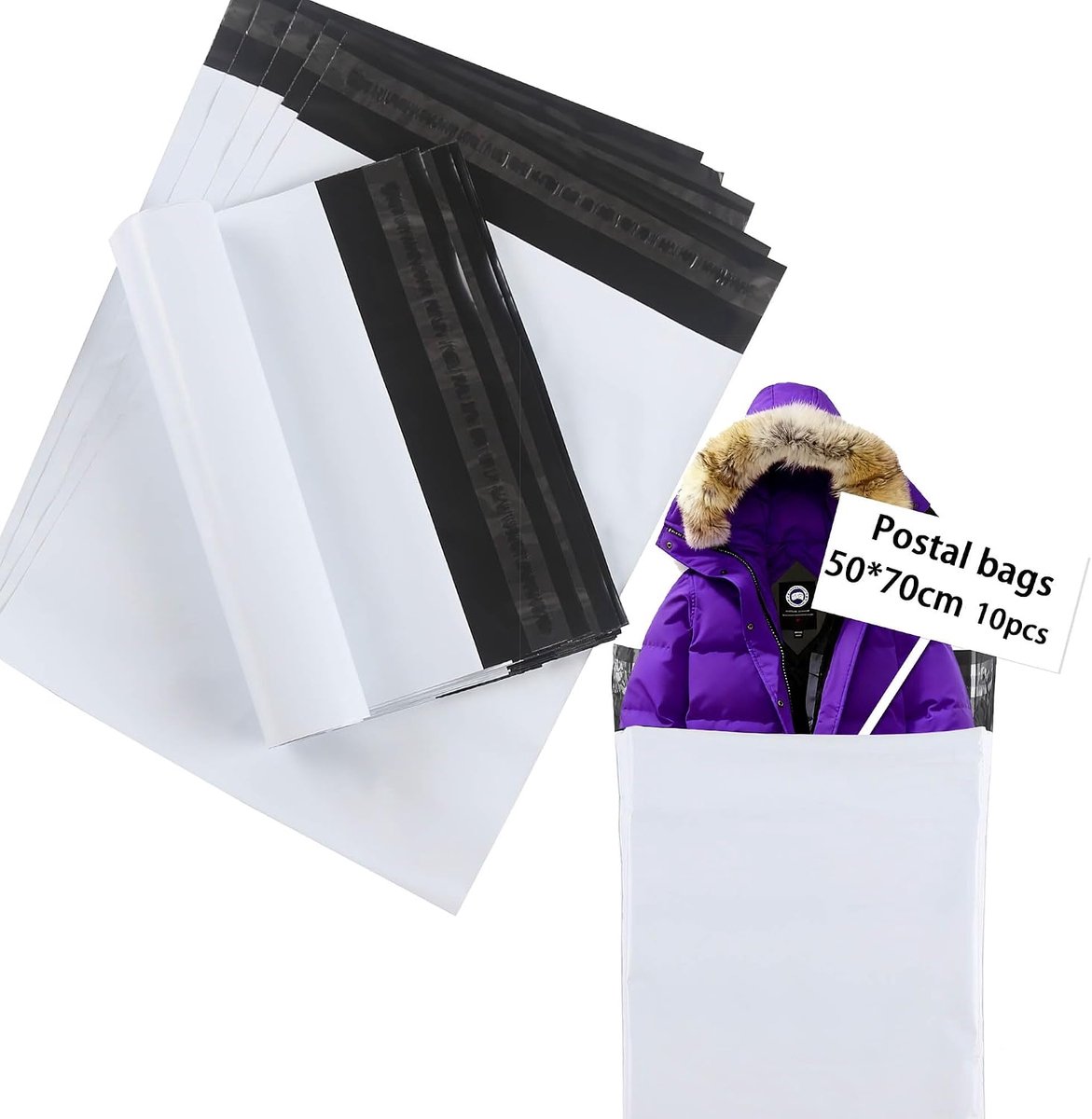 Verzendzakken, 50 cm x 70 cm, 10 stuks, grote kleding, kunststof, postverpakking, nieuwe materialen, mat en waterdicht, wit, zelfklevend