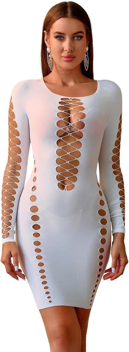 Fairy Dames mesh-uitsnijdingen lingerie bodycon sexy visnet outfit lange mouwen bodystocking eendelig partyjurk babydoll nachthemd