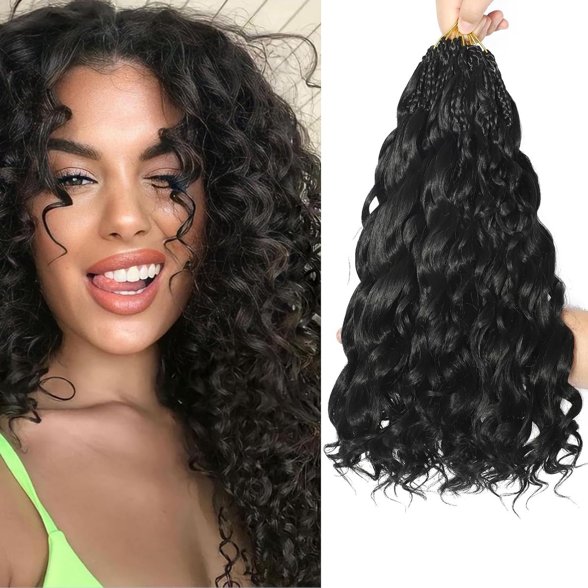 Looped Ocean Wave Crochet Hair 14 Inch 8 Packs Boho Style Hair Extensions Short Curly Crochet Hair Pre Twisted Synthetic Deep Wavy Curly Braiding Hair for Women (1B)