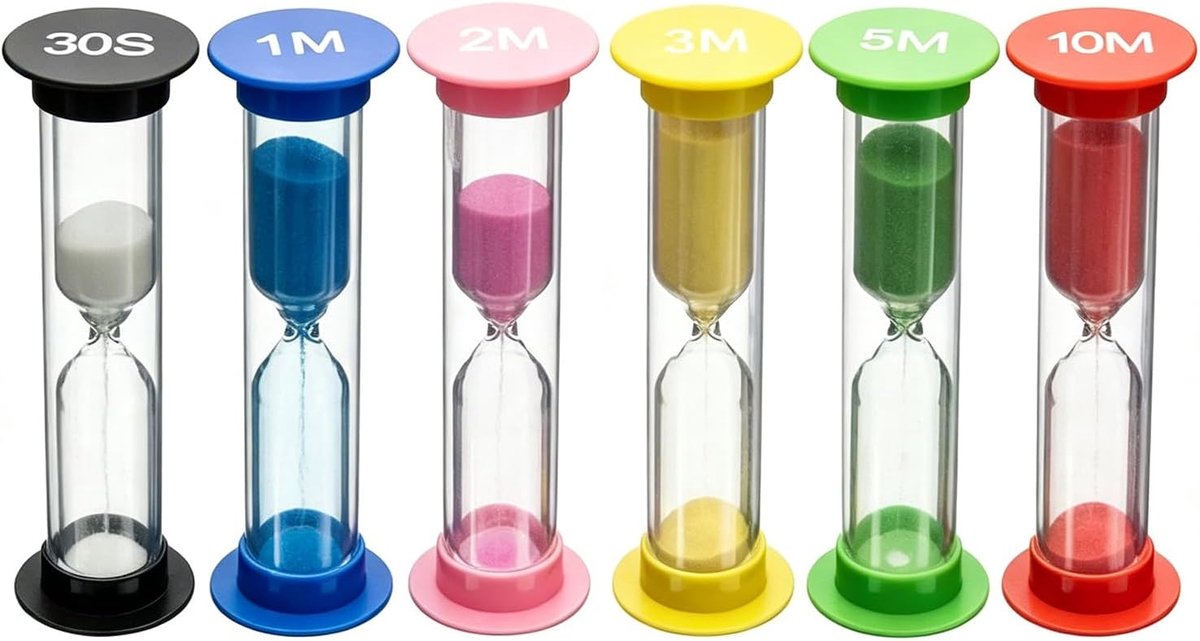 6 stuks, 30 s/1/2/3/5/10 minuten timer, zandlopers, zandlopers voor kinderen, zandloperset, 4 kleurrijke zandlopers, tandenpoetsen voor kantoor, huis, klaslokaal, keuken