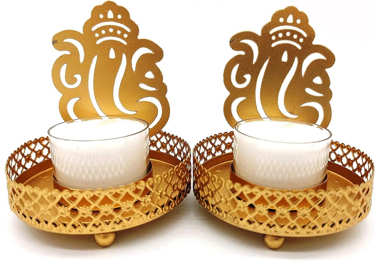 Diya-theelichthouder met 2 traditionele schaduwen, metalen hindoe, geluksgod, Ganesha, inclusief 2 x 8 uur theelichtjes, spiritualiteitsdecoratie, huwelijkscadeau, Diwali India