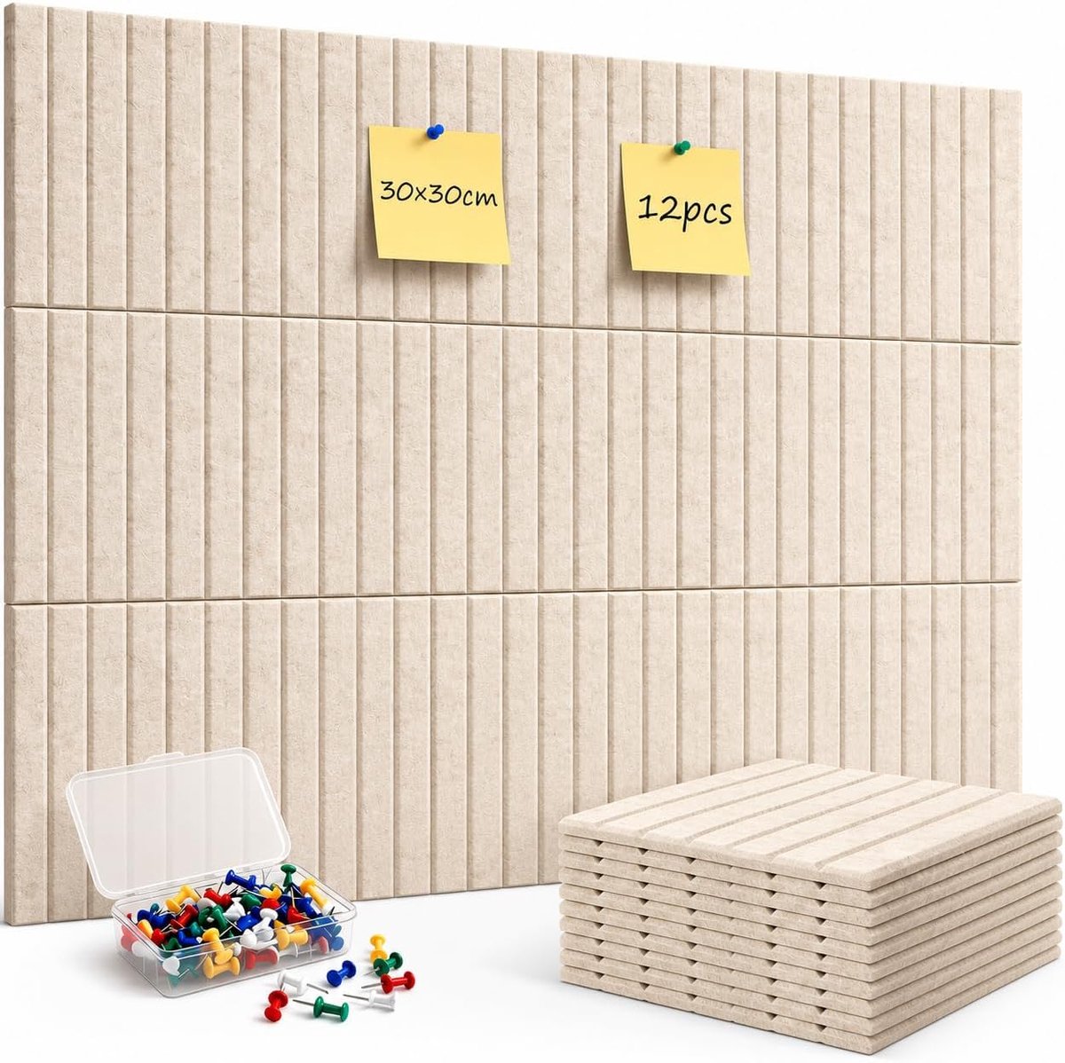 12 stuks vilten prikbord 30 × 30 cm zelfklevend met 100 pinnen beige | 12 viltplaten 30 × 30 cm met 100 punaises, zelfklevend, vrij te combineren voor kantoor, keuken en fotowand
