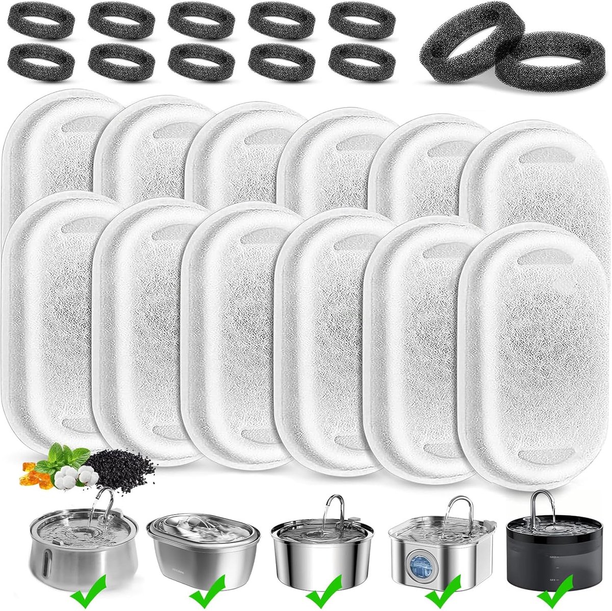 24 Stück Filterwatte für Katzenbrunnen (12+12), Ersatzfilter für Trinkbrunnen, Kompatibel mit PrettyPaw, Valuas - Katzenbrunnen Filter