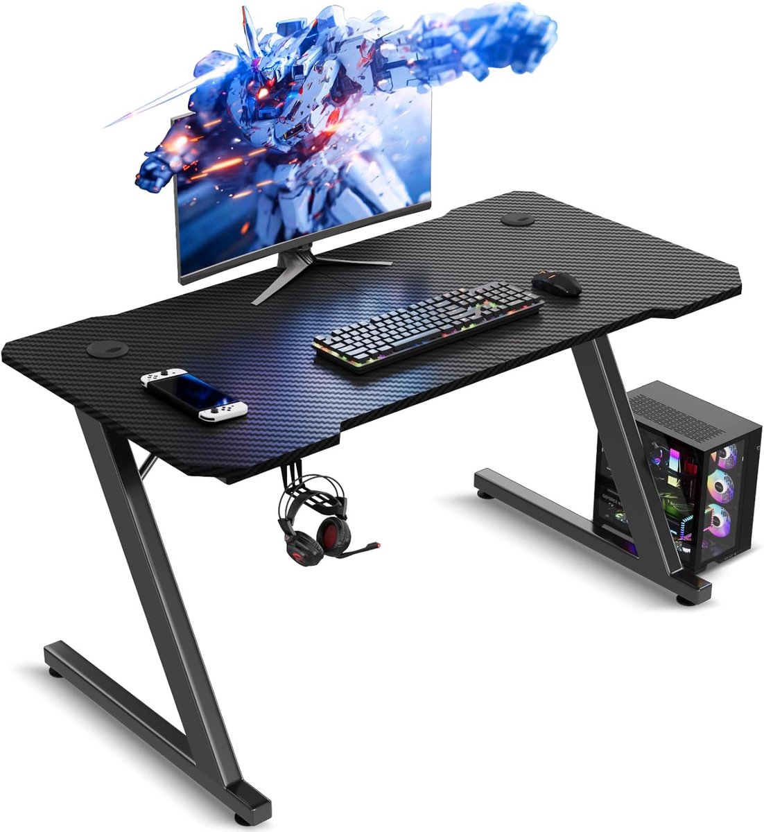 Gamingtafel, 100 x 50 cm, gaming-bureau, pc-tafel met hoofdtelefoonhaak en koolstofvezelcoating, ergonomische computertafel, metalen frame, koolstofvezel, zwart