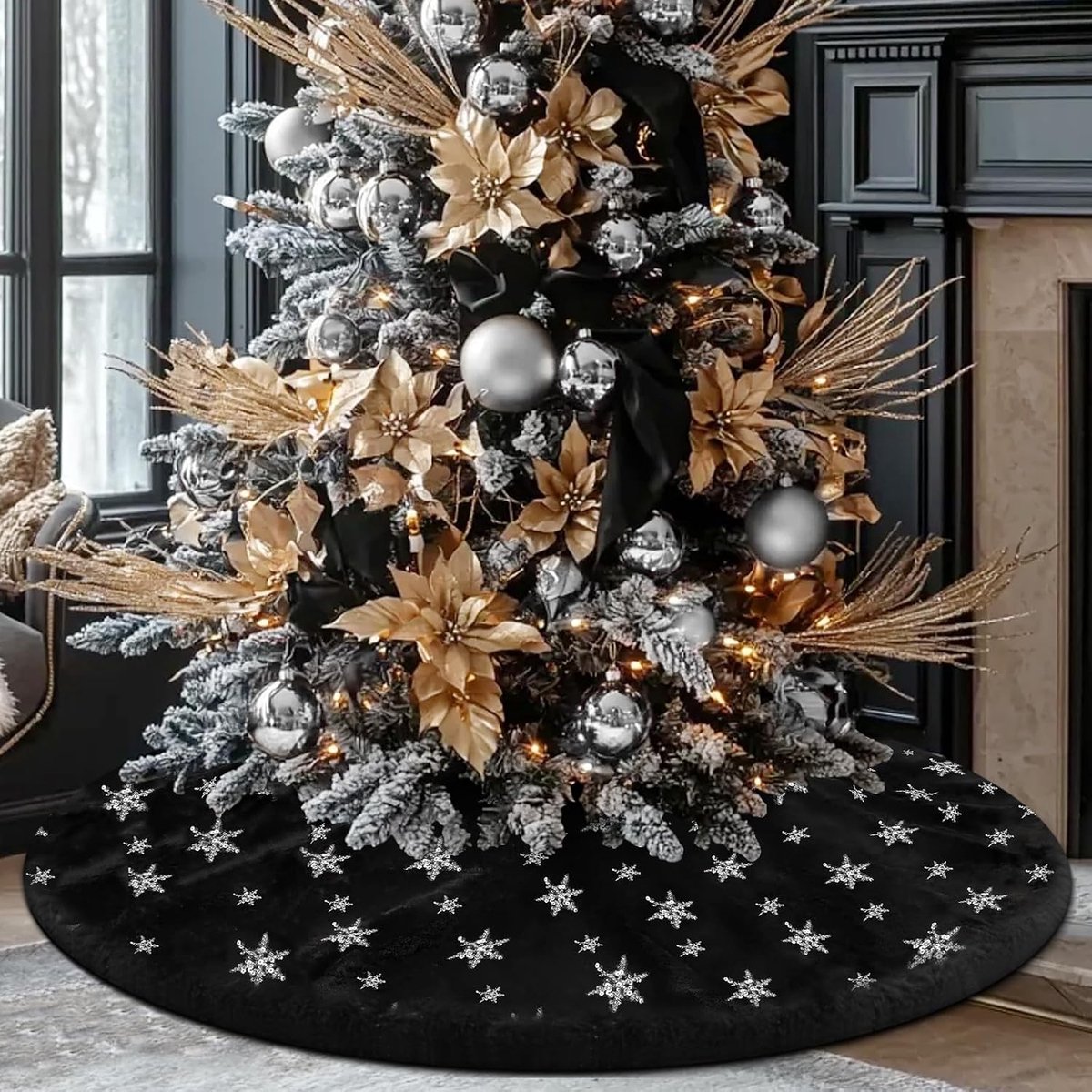 kerstboom rok, 122 cm zwart imitatiebont met zilveren pailletten sneeuwvlokken boom tapijt kerstboom mat voor 7,5 m boom vakantie winter nieuwjaar huis kerstdecoraties