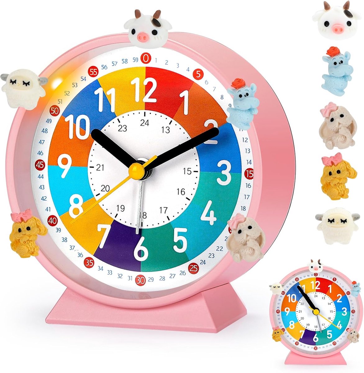 Kinderwekker voor de eerste schooldag, geen tikkend geluid, met nachtlampje en sluimerfunctie, met 5 wekker-decoratie, geschikt voor leren, slaap-wakker worden C
