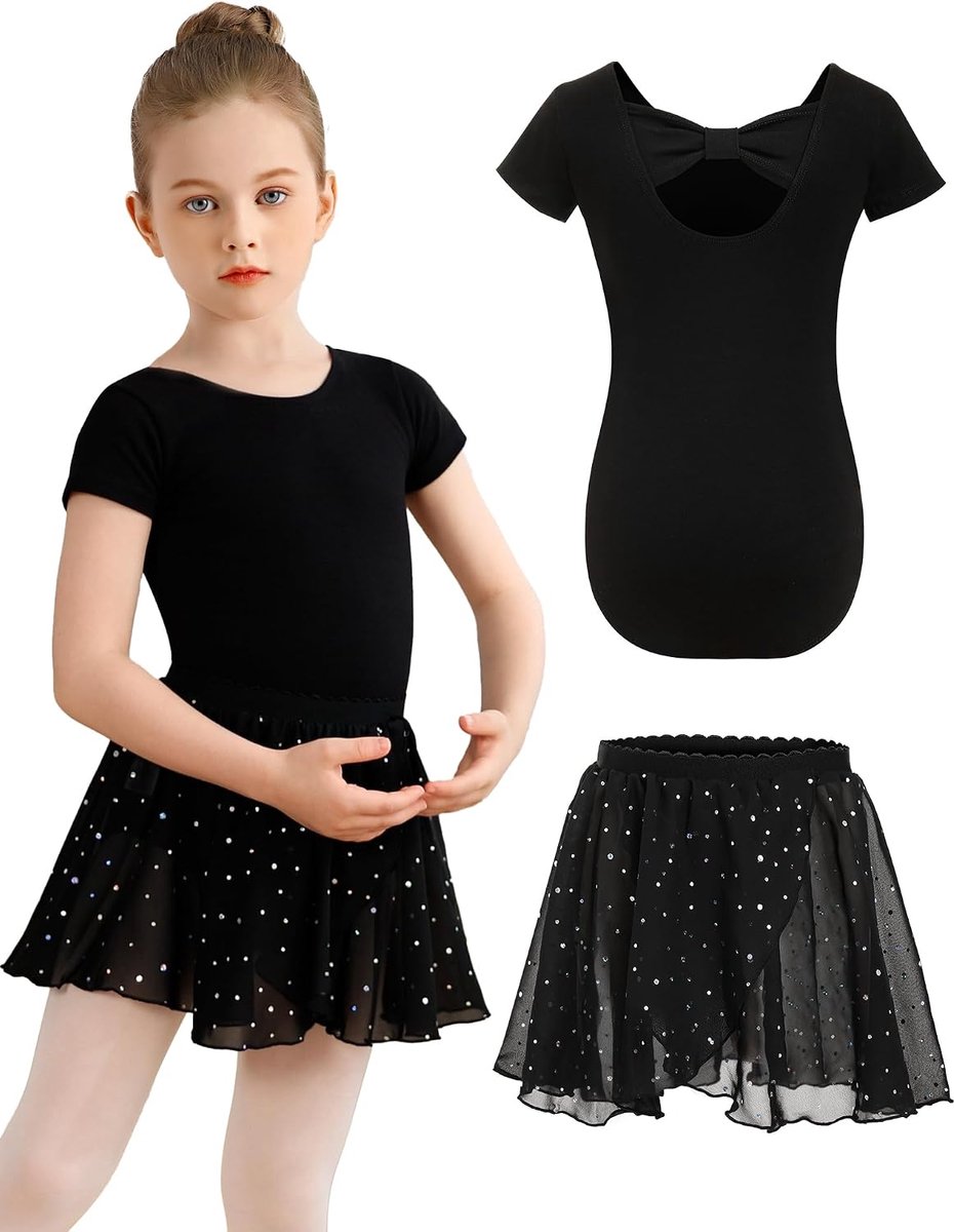 Balletjurk voor meisjes van katoen, korte mouwen, balletpak met afneembare chiffonrok met pailletten voor kinderen, peuters