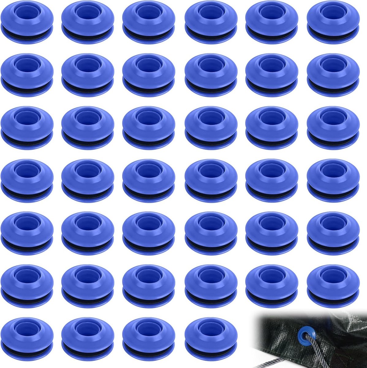 Zeilen, 30 stuks, kunststof inslagringen, set blauw, voor dekzeilen, ronde ogen, kunststof ogen voor dekzeil, textiel, gordijnen, tenten, zwembadzeil (28 x 28 x 12 mm)