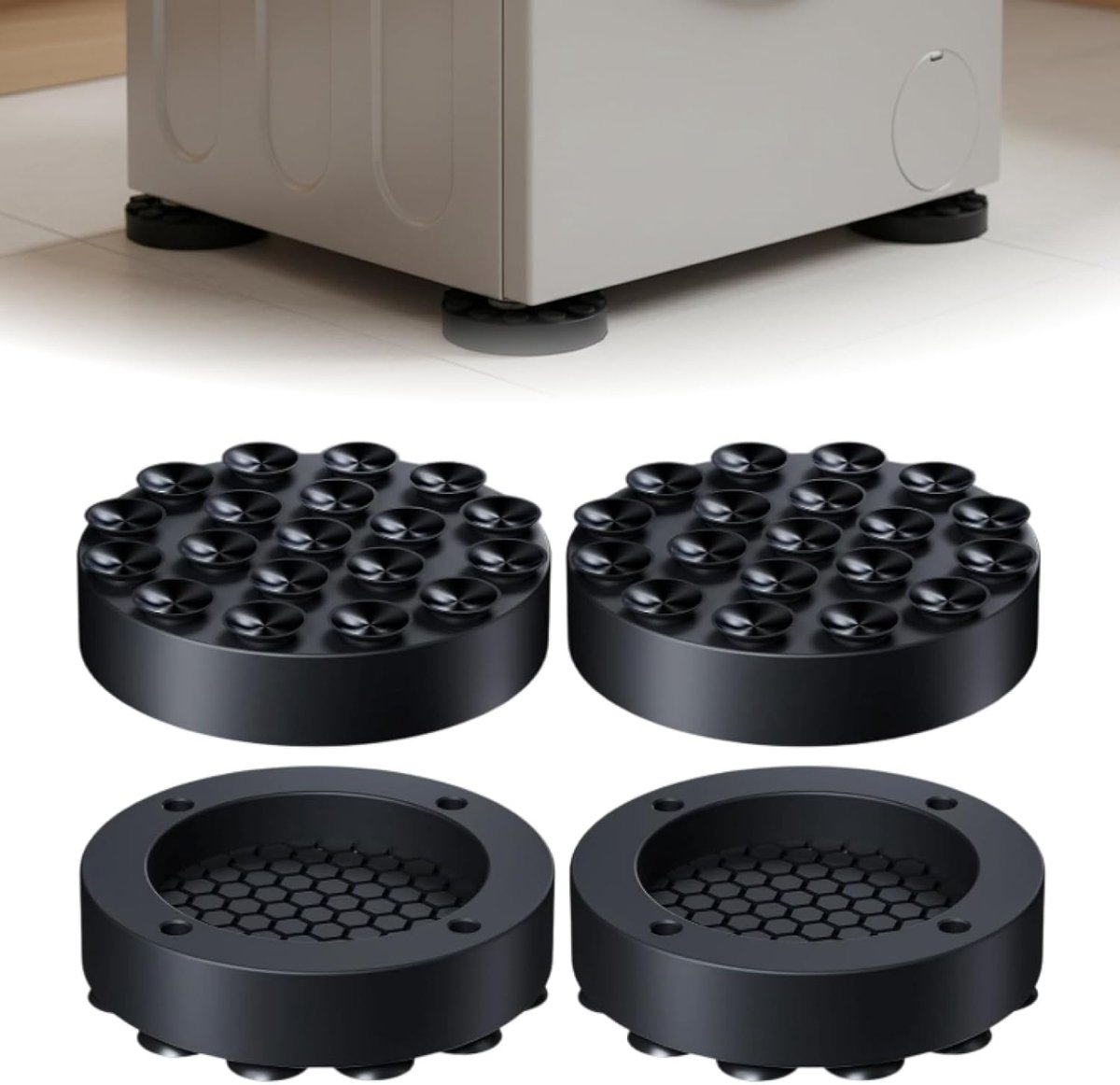 4 stuks anti-trillingsmatten, universeel, anti-trillingskussen, siliconen, verstelbare wasmachine, vloerbescherming en geluidsreductie voor wasmachine, droger en meubels. Materiaal