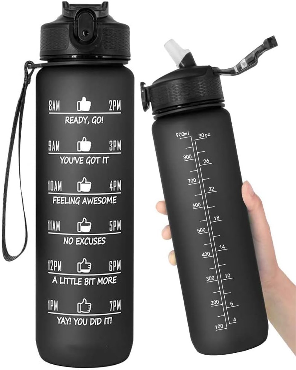 32 oz waterfles met rietje motiverende tijdmarkering, draagbare herbruikbare fitness sport en outdoor waterfles (zwart)