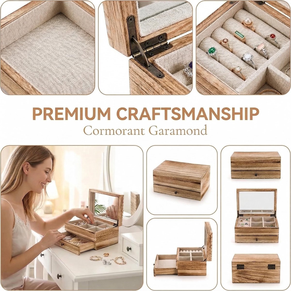 Sieradendoos organizer - 2 lagen groot - vintage gebrandhout - met spiegel voor kettingen en ringen - SnelShoppen