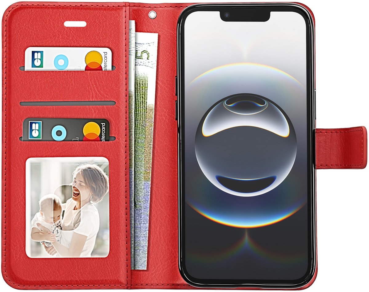 Mayaxess, Portemonnee Hoesje Geschikt voor Apple iPhone 16e met Polsband en Standaard, Rood