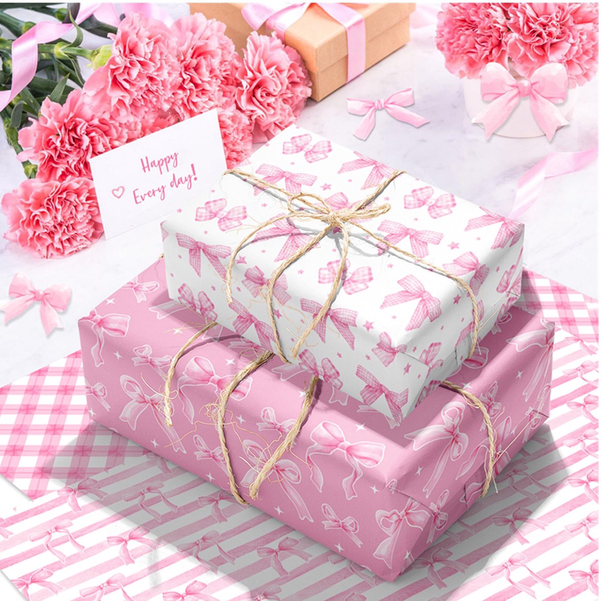 Cadeaupapier 12 vellen 70 x 50 cm - roze met strikpatroon - milieuvriendelijk en recyclebaar - ShopVlot