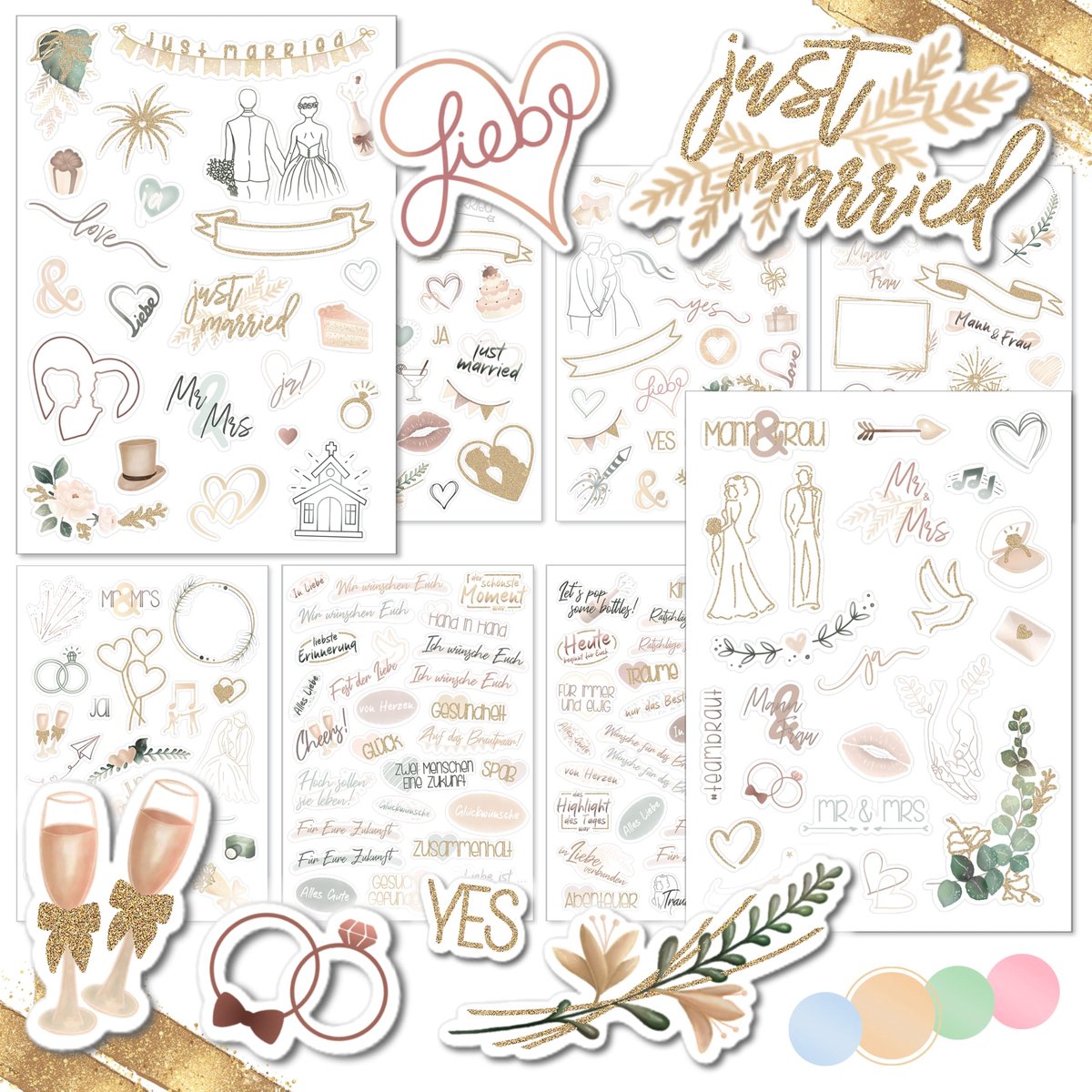 Trouwstickers 180 stuks - pastelkleur met glitter - inspirerende ontwerpen - perfect voor gastenboek - ShopVlot
