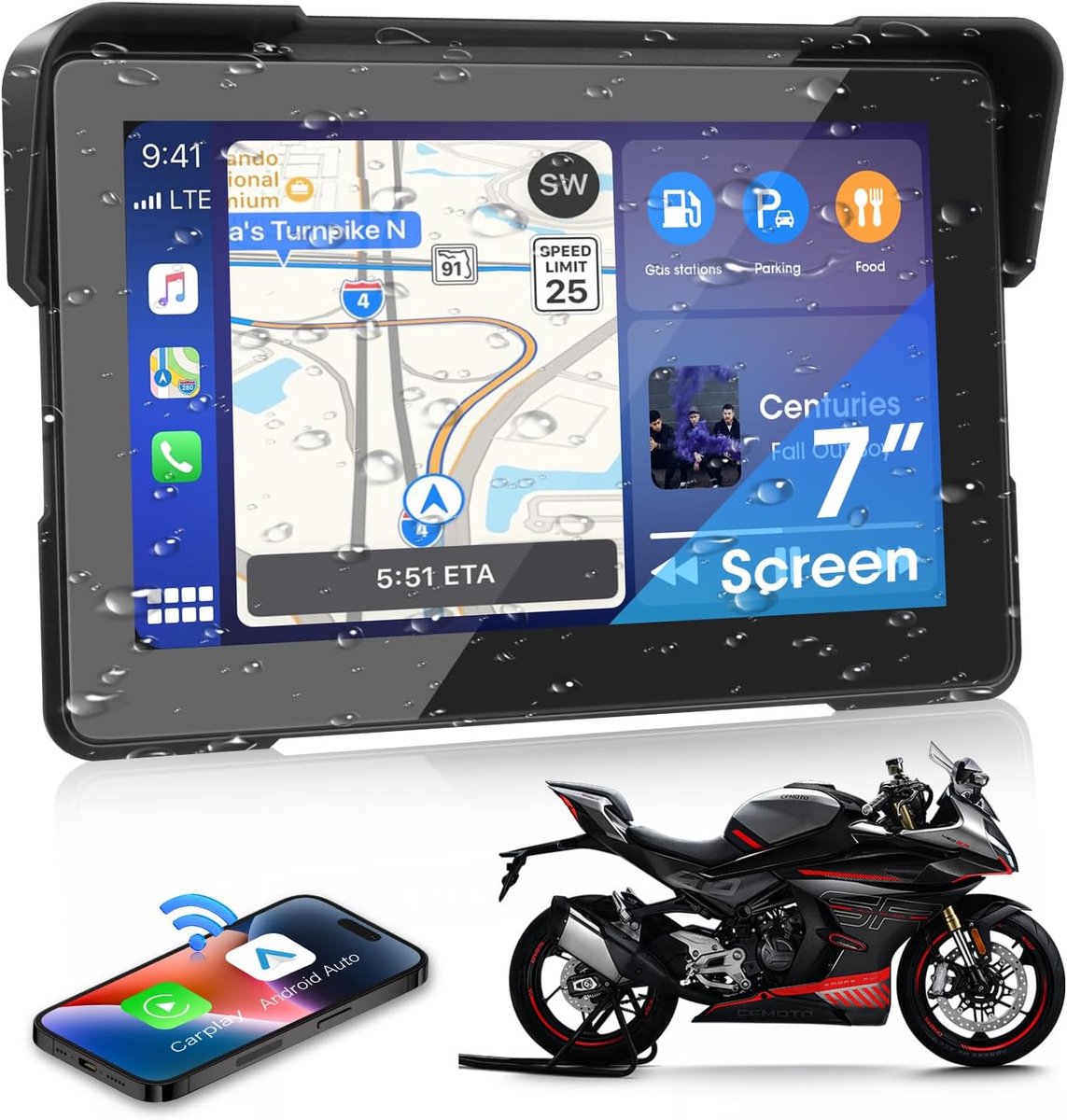 Motorfiets navigatiescherm 7 inch - draadloos CarPlay en Android Auto - IP67 waterdicht - ideaal voor woon-werkverkeer - ShopVlot