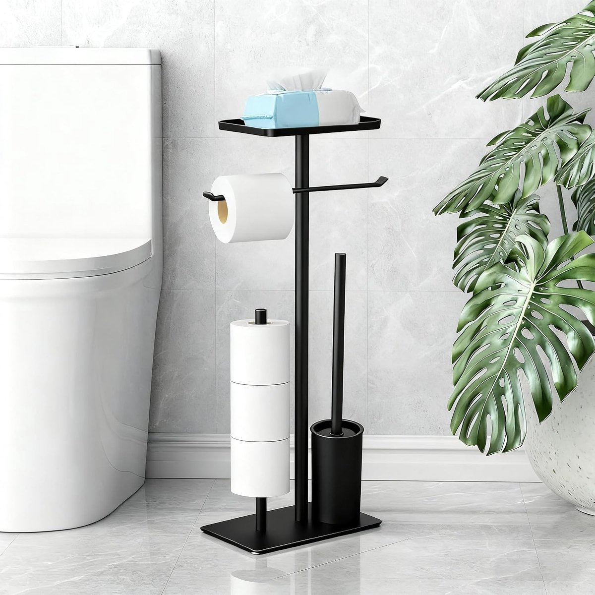 Vrijstaande toiletrolhouder met toiletborstel - roestvrij staal - zwart - ruimte voor 5 reserverollen - ShopVlot