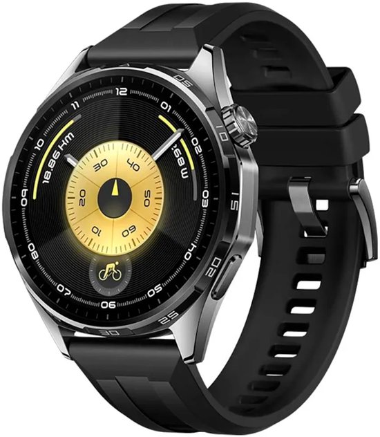 Zwarte smartwatch met metalen lunette en gouden wijzerplaat met fietsicoon, gezien vanuit de zijkant.