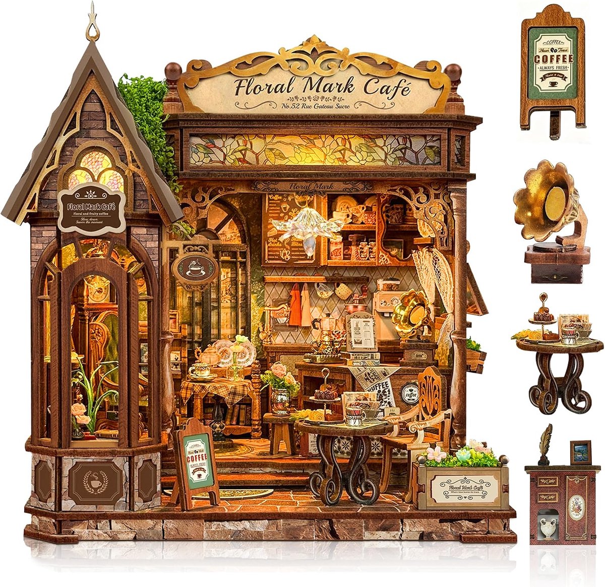 Buchnook bouwpakket - bloemencafé miniatuurhuis - doe-het-zelf knutselset - met ledlicht - ShopVlot