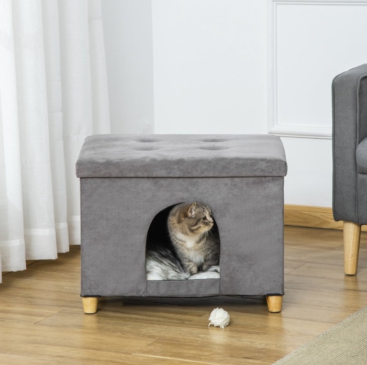 Kattenhocker Twee In Een Met Kussen En Pluche Bekleding 60 X 45 X 44,5 Cm Hout Grijs Voor Katten Tot 5 Kg Binnengebruik