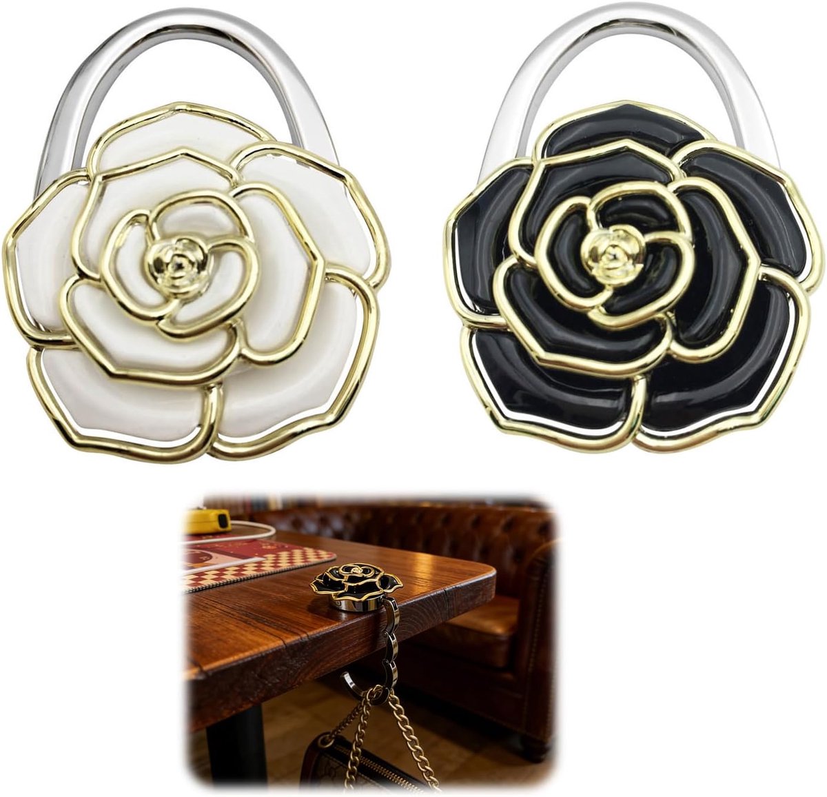 2 stuks handtashaken in rozenvorm, handtas voor tafel, cadeau-idee voor dames, opvouwbare zakhouder van legering, antislip, voor tafel en kantoor (zwart en wit)