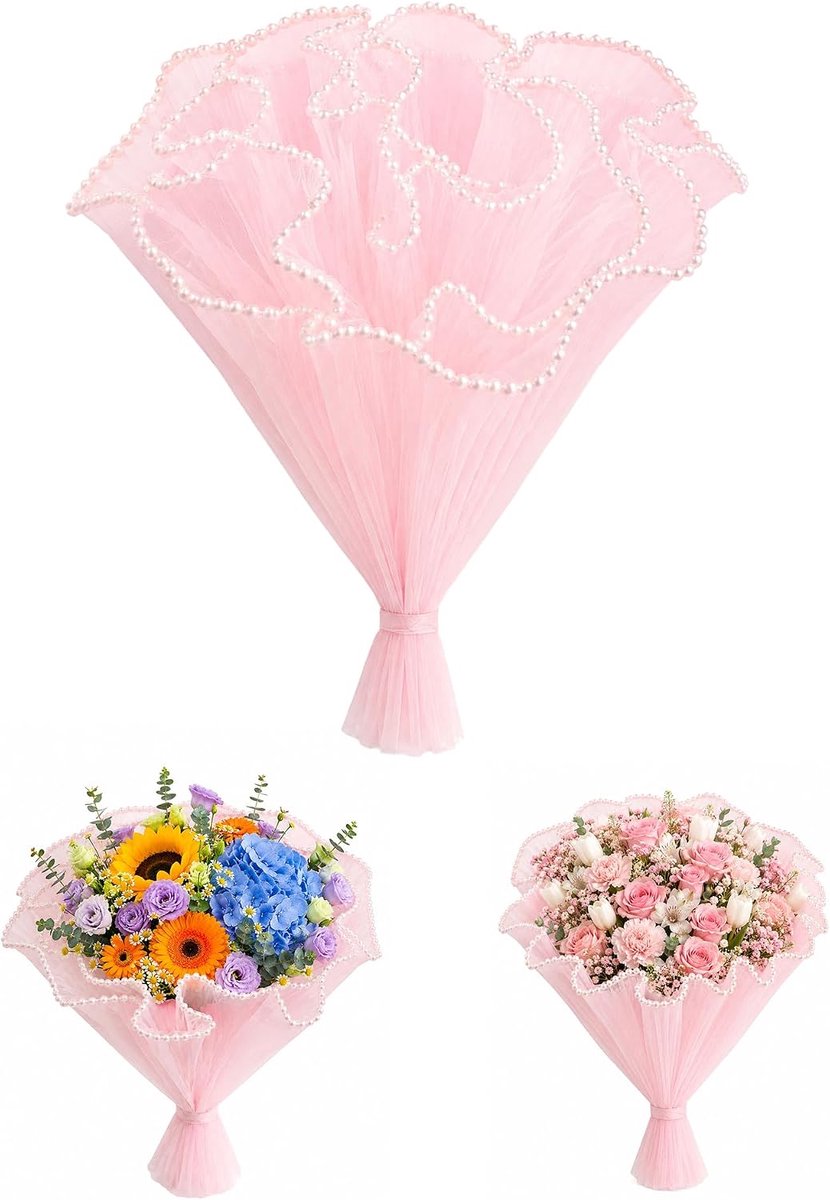 3 stuks roze bloemenwikkelpapier met parelrand, 3,7 meter geplooid doorschijnend boeketwikkelpapier voor Valentijnsdag, Moederdag, bloemist, bruiloft, cadeauverpakking, DIY knutselen