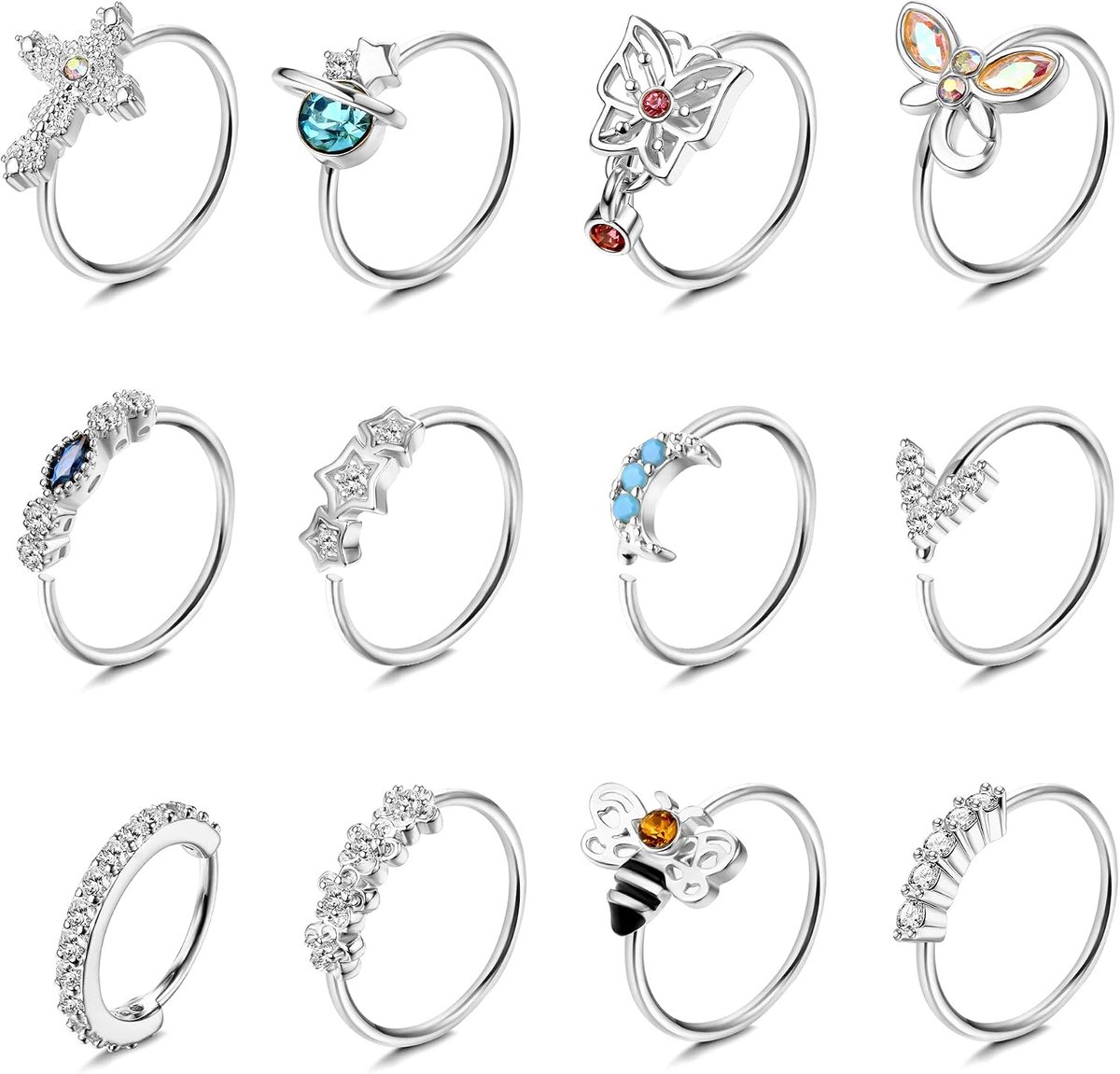 Ringen van roestvrij staal, neusringen, neuspiercing, helix-ringenset, daith ring, hoepeloorbellen, septum, vlinder, bij, maan, neusring voor dames, goud, zilver, 8 mm, 20 g