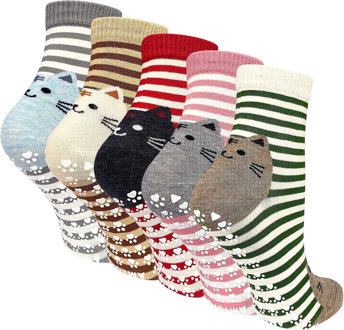 Sokken voor vrouwen: nieuwigheid kattensokken dames grappige anti-slip grip sokken katoen funky dieren sokken geschenken voor kattenliefhebbers 5 paar UK 4-9