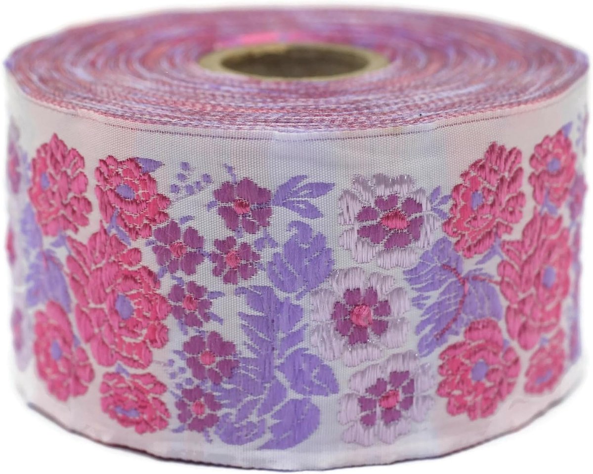 Jacquard Lint Weeft Roze en Fuchsia Geheime Tuin 10 m x 50 mm - Rollen Borduurband voor Naaien Decoratie 50097-V5
