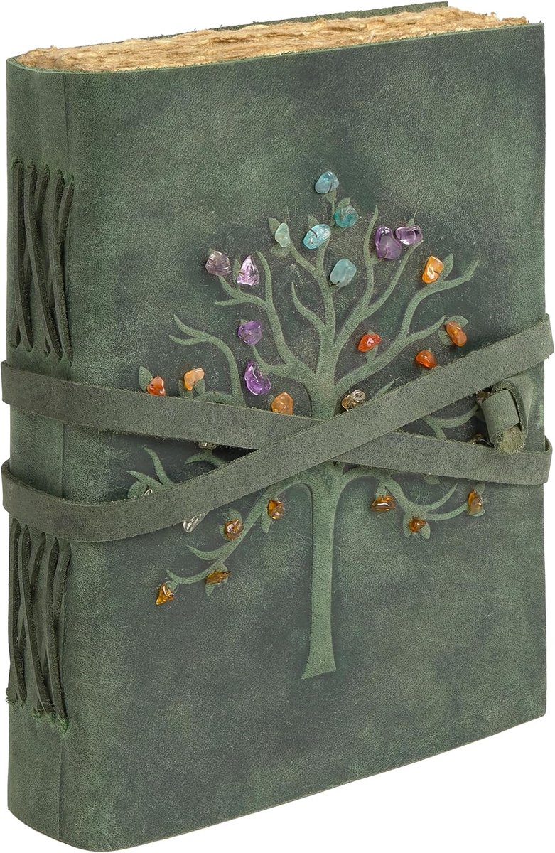 Reisnotitieboek van groen leer met levensboom, plantaardig gelooid, katoenpapier, ideaal als dagboek om te schrijven, reisnotitieboek of notitieboek, 18 x 13 cm