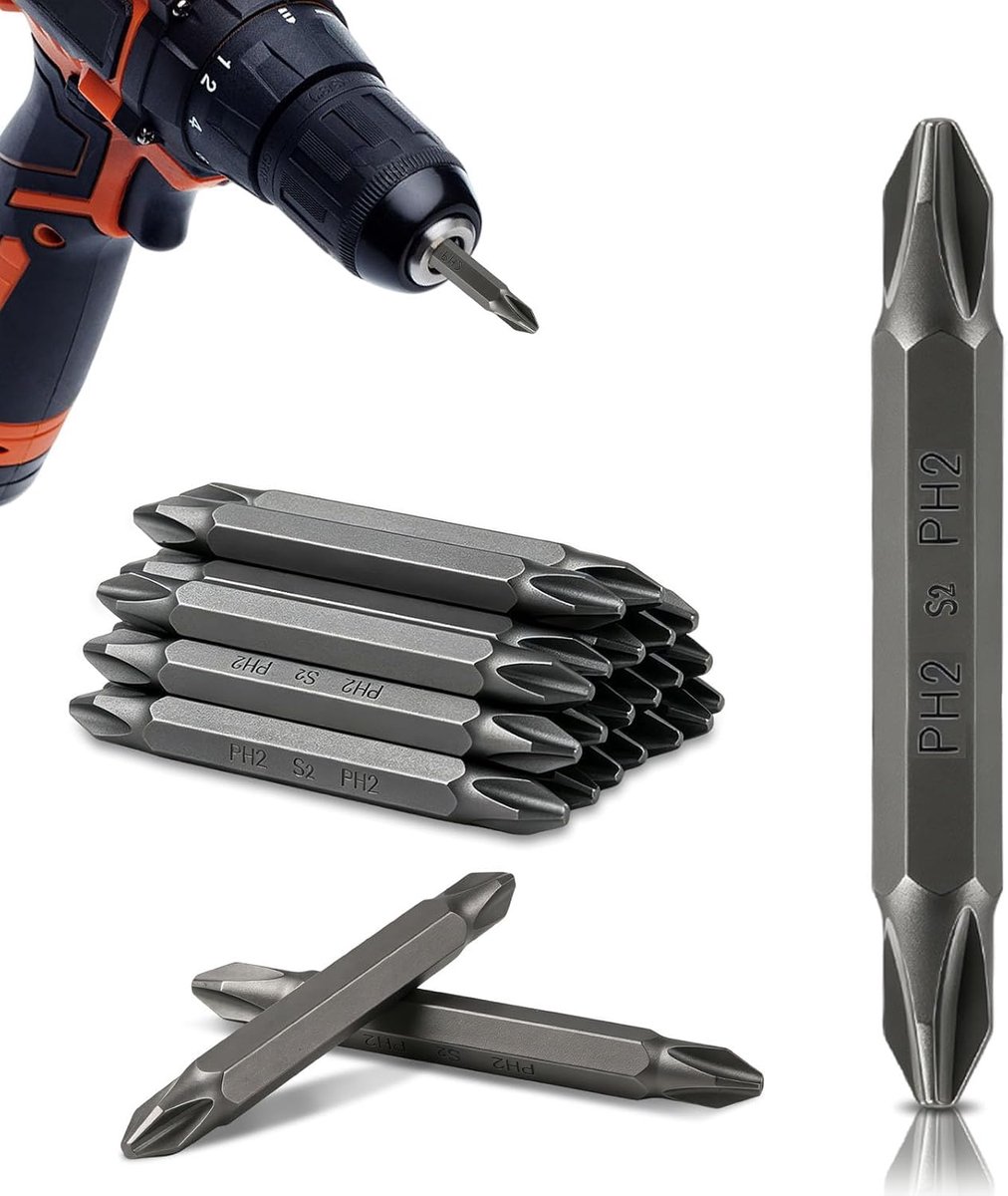 Bit, 20 stuks Phillips bits PH2 dubbele kruiskopbits lang 60 mm bitset S2-gelegeerd staal zeskantschacht bit 1/4 inch zeskantaandrijving voor kruiskopschroeven schroevendraaier