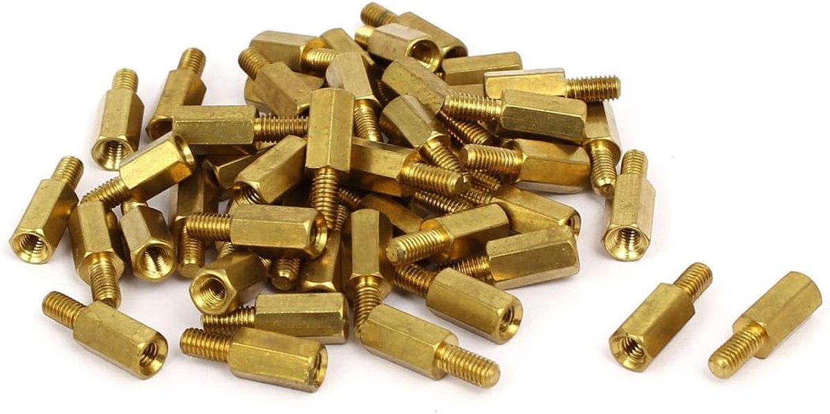 sourcing map Afstandhouder Zeskant Mannelijke naar Vrouwelijke Schroefdraad M3 x 10 mm + 6 mm Messing 50 stuks
