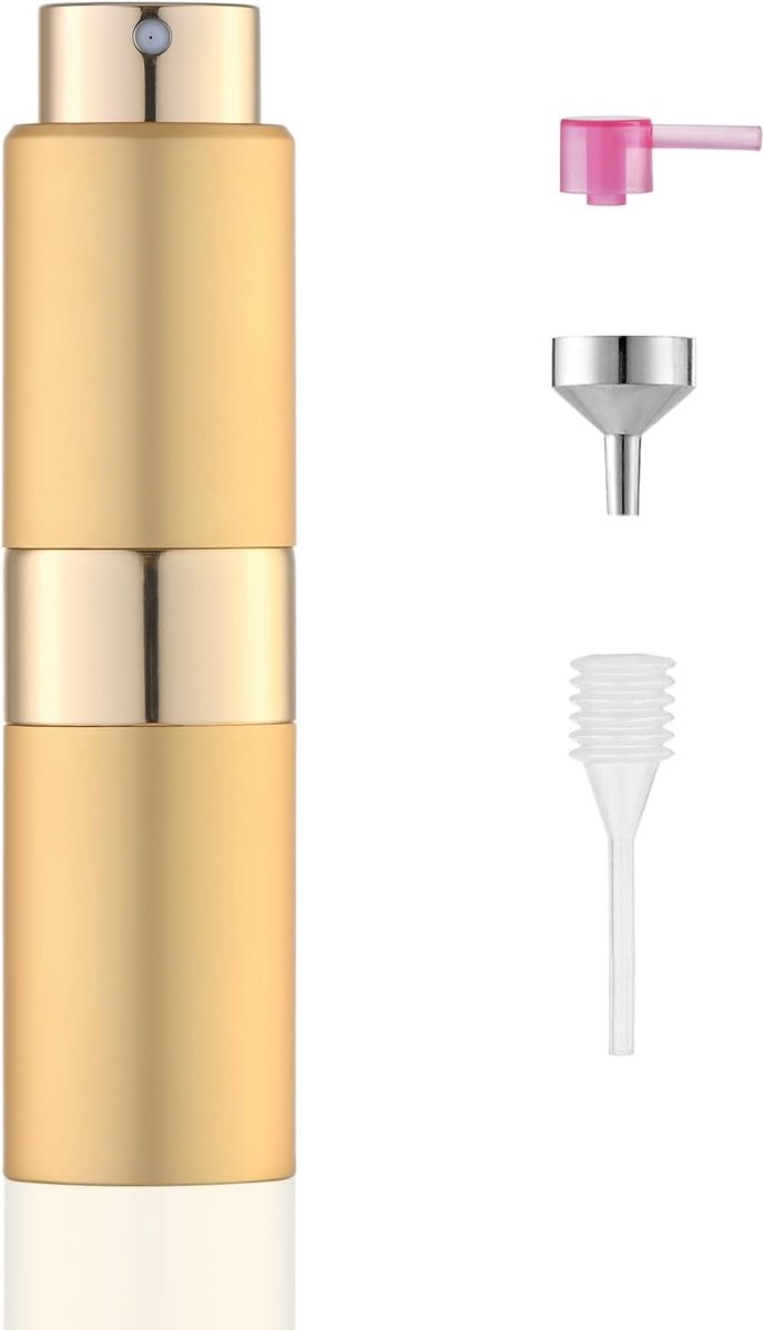 Parfum Verstuiver 20ml Navulbaar, Aluminium Reis Parfumflesje met Navulaccessoires, Draagbare Parfum Spray Bottle voor Tas, Vakantie, Cologne en Aftershave, Goud