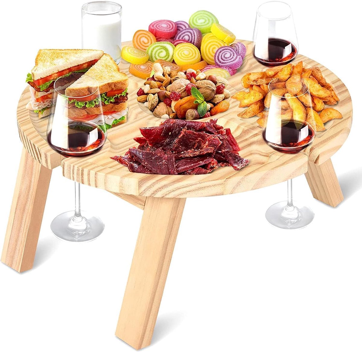 Outdoor wijntafel rond hout - inklapbaar - draagbaar mini-campingtafel - perfect voor picknicks - SnelShoppen