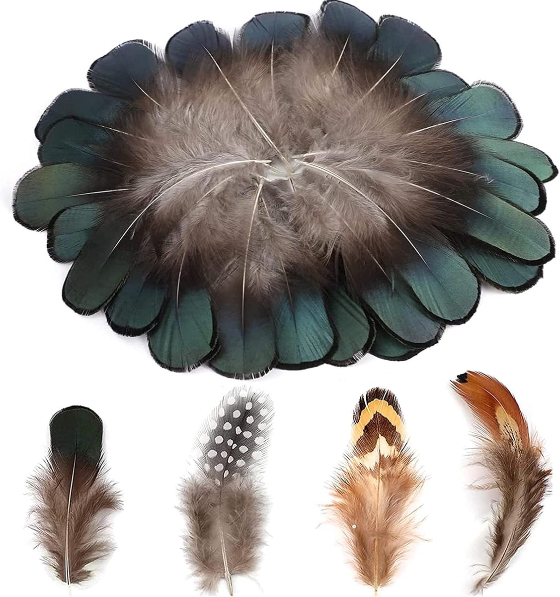 Veren 4 verschillende kippenveren voor dromenvanger Halloween feest masker decoratie, groen zwart geel bruin decor veer
