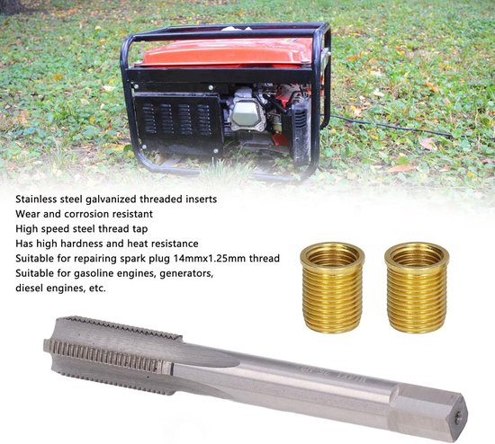 Bougie Draadreparatieset, 14 Mm Hogesnelheidsstalen Kraanbougie met 10 Stuks M12 X 1.25 Draadinzetstukken en een M14 X 1.25 Draadkraan voor Benzinemotor Generator Dieselmotor — afbeelding 3