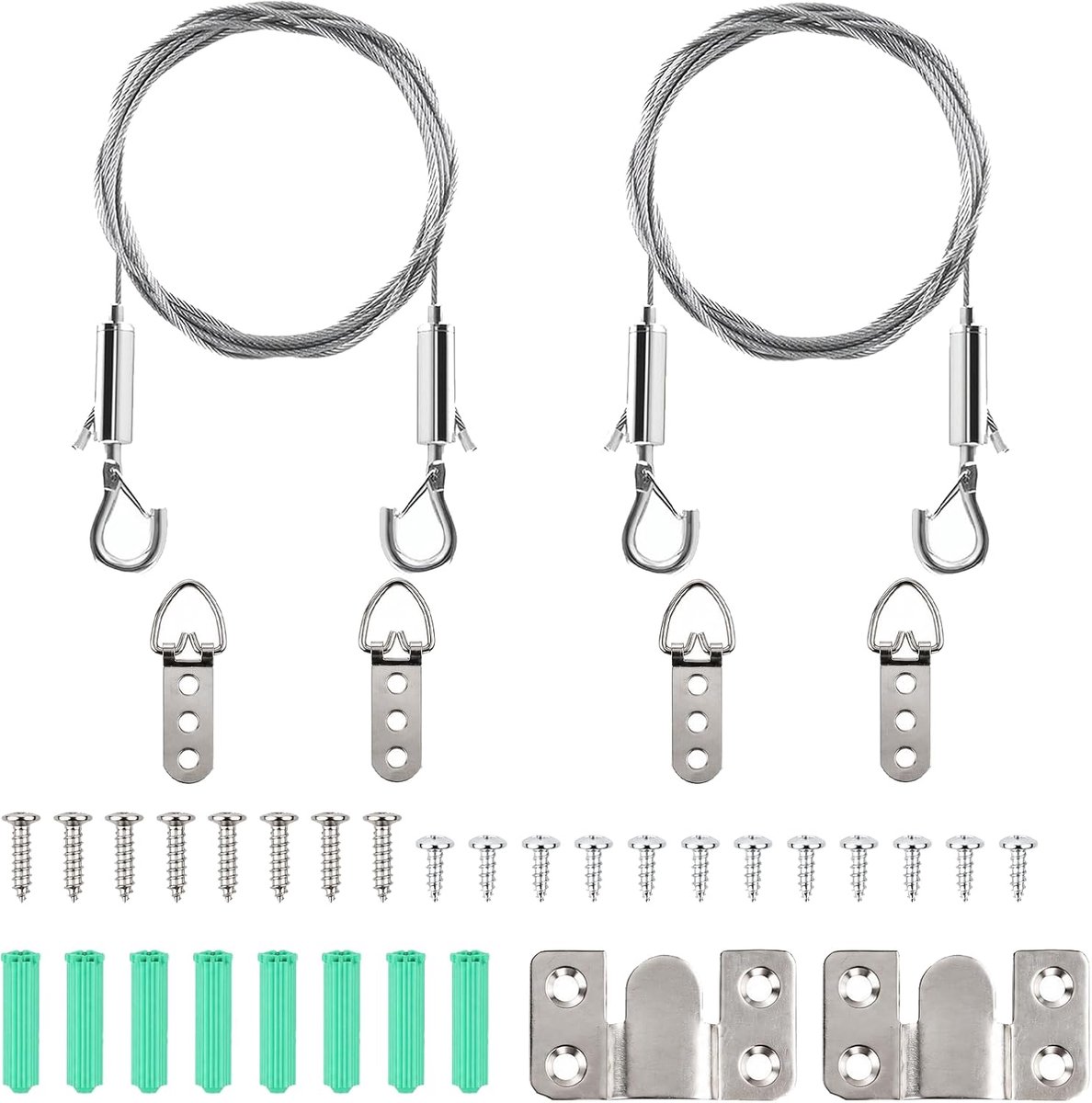 2 stuks verstelbaar fotoophangtouw, 2 mm, roestvrij staal, draadtouw met ogen en haken, fototouw, fotodraad, ophangset, verstelbare staalkabel voor foto's, spiegels, lijsten, lampen met schroeven