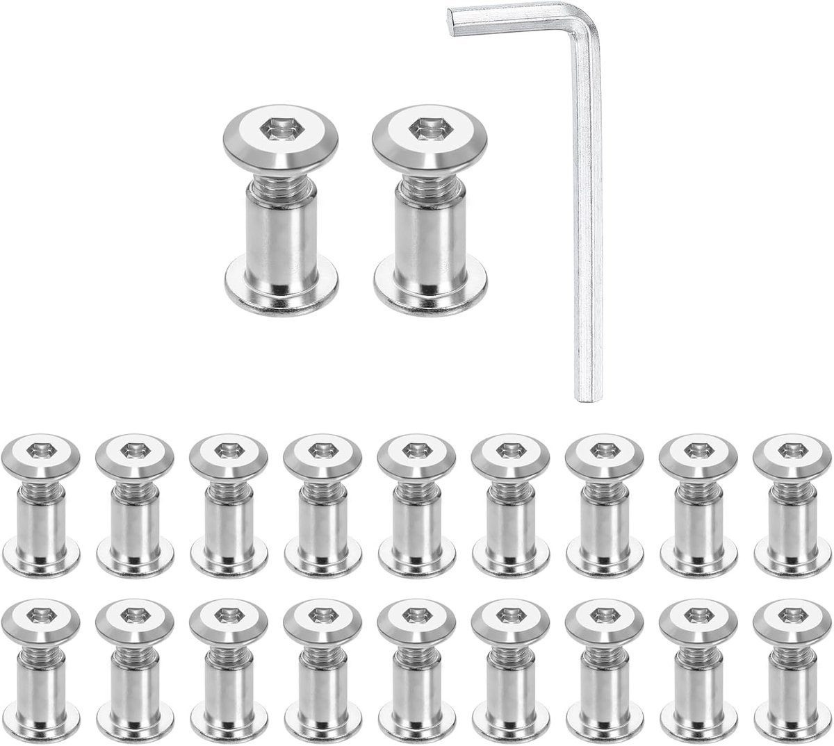 20 sets M6 x 12 mm zeskantschroeven met platte kop, M6 x 12 mm moeren met M4 inbussleutel, schroeven voor meubelverbinders voor verzonken riemen voor meubels, zilver