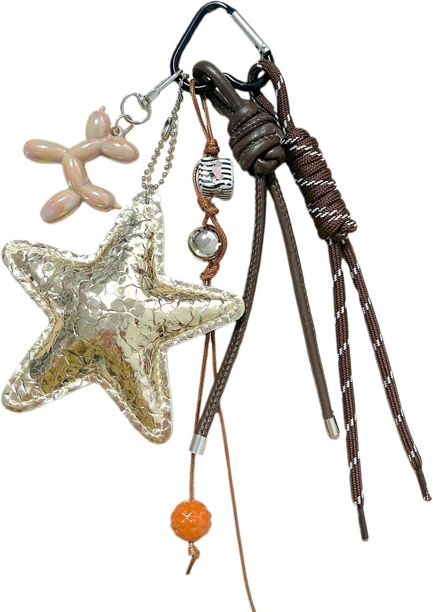 Sleutelhanger met ster, esthetisch met geweven touw, PU-leder, hartvormige gesp voor tassenhanger, dames en meisjes