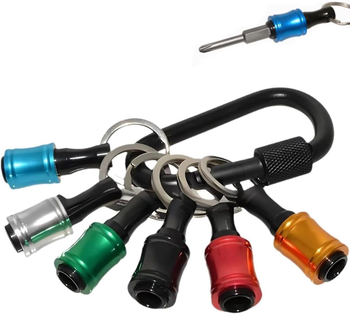Set van 6 zeskantschroevendraaiers, sleutelhangers, boorbithouder, 1/4 inch draagbare boorbithouder met zwarte karabijnhaak, schroevendraaierhouder van aluminiumlegering