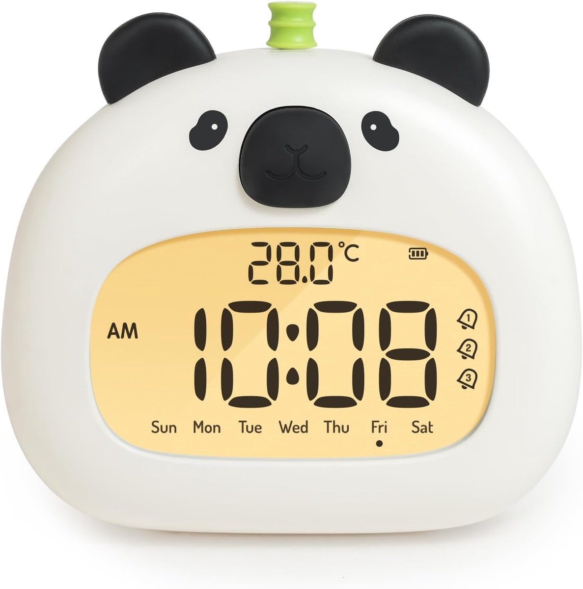 Leuke kinderwekker, nachtwekker met panda-nachtlampje, digitaal led-display, 3,15 inch, drie alarmen, weekendmodus, datum, tijd, temperatuur, oplaadbaar, decoratie voor babykamer